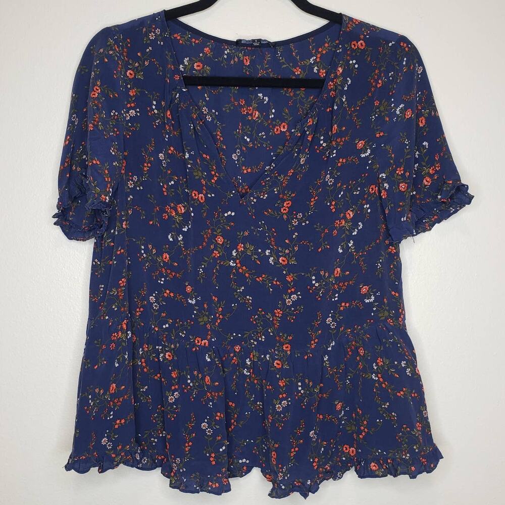 Madewell| navy blue silk blouse with florals in size Small